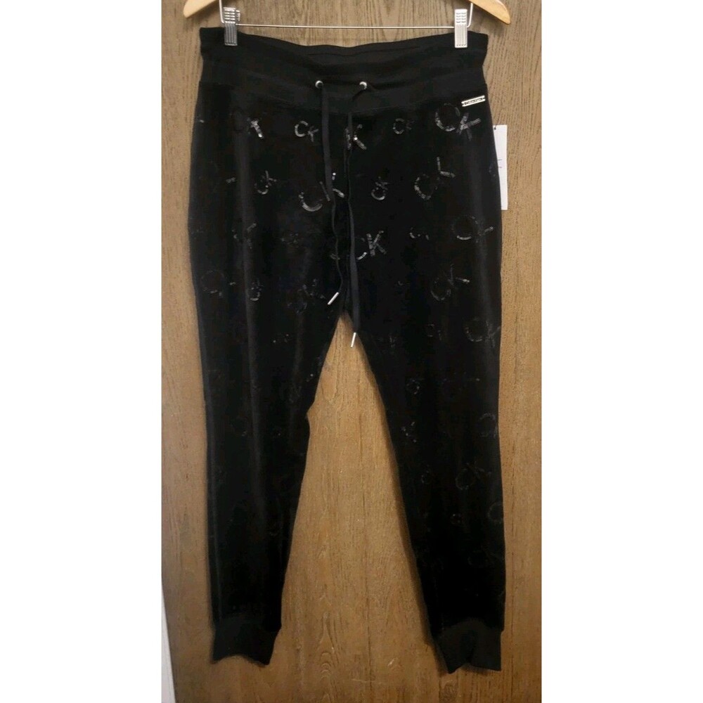 Calvin Klein Womens Black Velour Sequin CK Logo Joggers Pants Size Medium